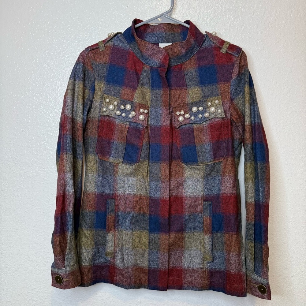 Cabi Collage Plaid Pearl Jacket Zip Up Style 3555 Size Extra Small XS